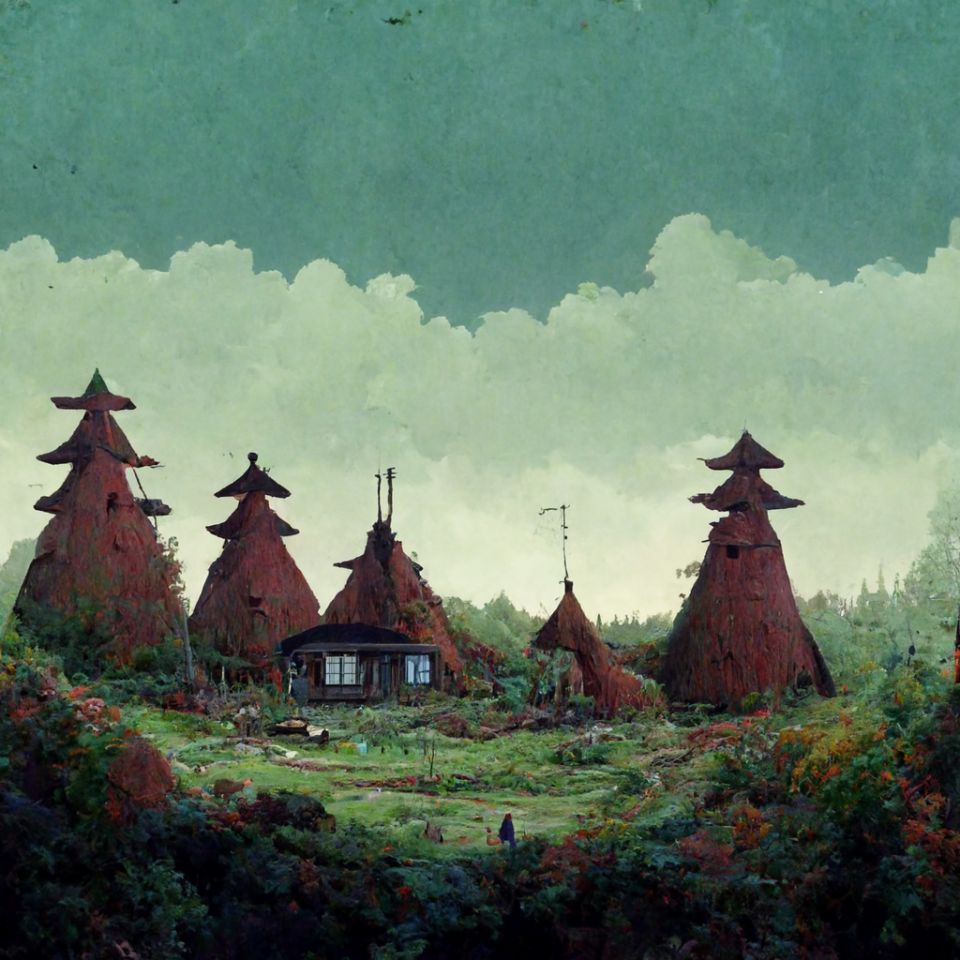 Zoekterm: settlement in the middle of the forest in the style of Studio Ghibli.