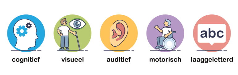 Verschillende beperkingen: cognitief, visueel, auditief, motorisch, laaggeletterd